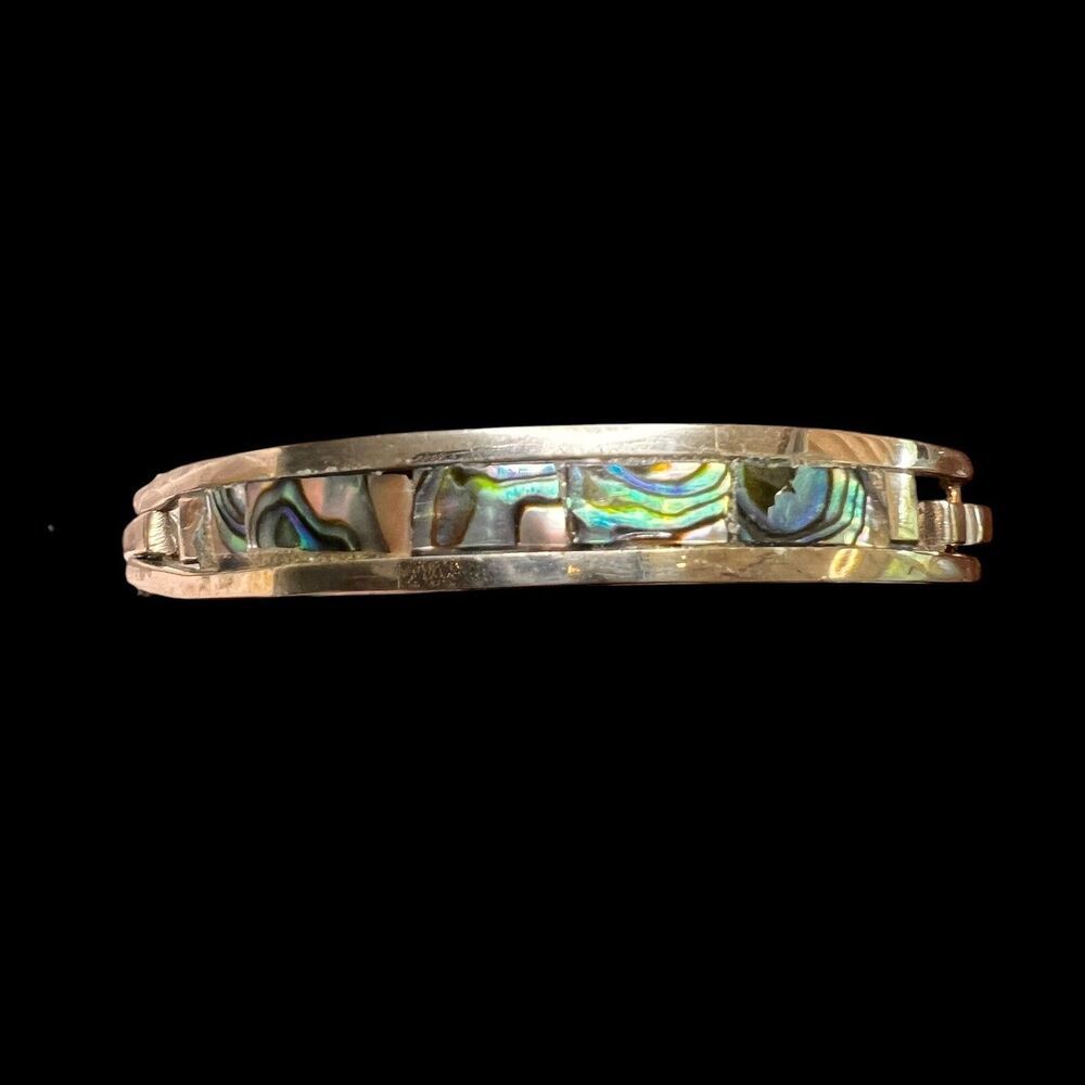 Vintage Alpaca Mexico Abalone Bangle Bracelet Silver Tone 7.75 in